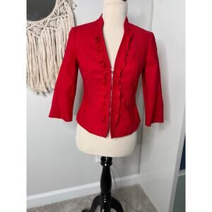 Women's WHBM Red Ruffle 3/4 Sleeve Zipper Cropped Jacket Blazer 4 Office Siren